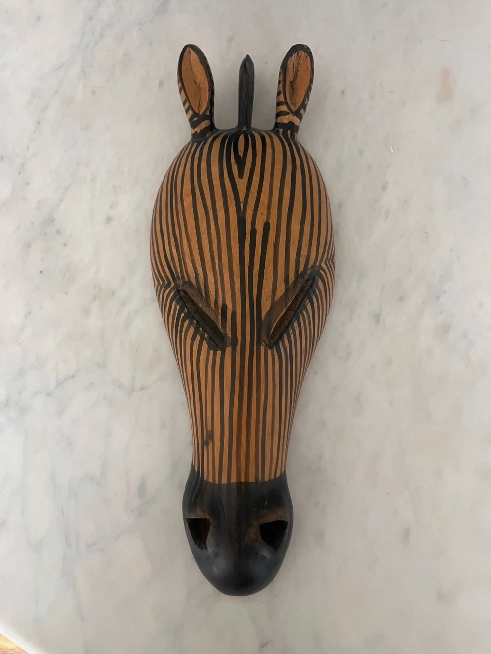 Vintage Hand-Carved Wooden Zebra Wall Mask - Black and Brown